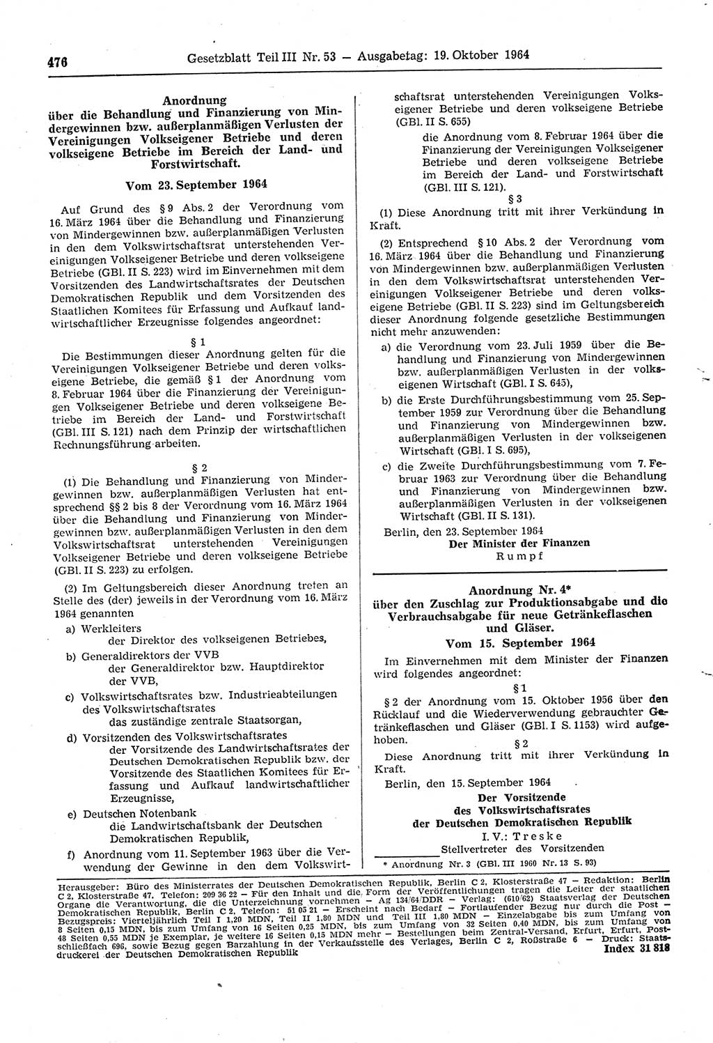 Gesetzblatt (GBl.) der Deutschen Demokratischen Republik (DDR) Teil ⅠⅠⅠ 1964, Seite 476 (GBl. DDR ⅠⅠⅠ 1964, S. 476)