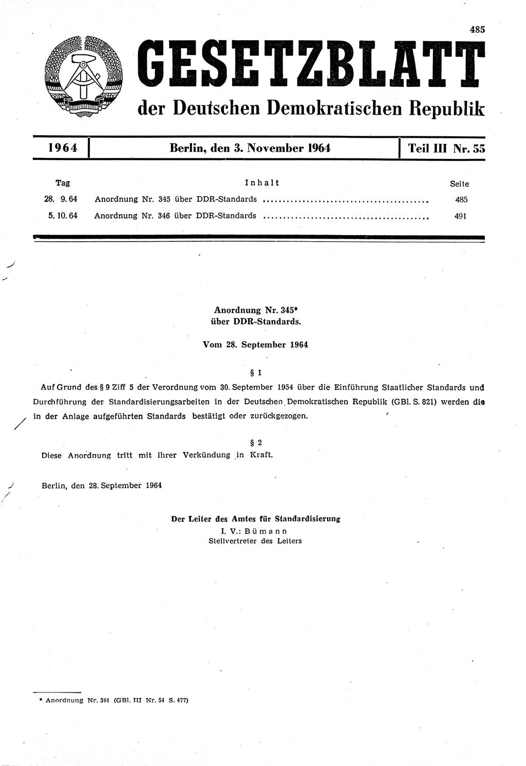 Gesetzblatt (GBl.) der Deutschen Demokratischen Republik (DDR) Teil ⅠⅠⅠ 1964, Seite 485 (GBl. DDR ⅠⅠⅠ 1964, S. 485)