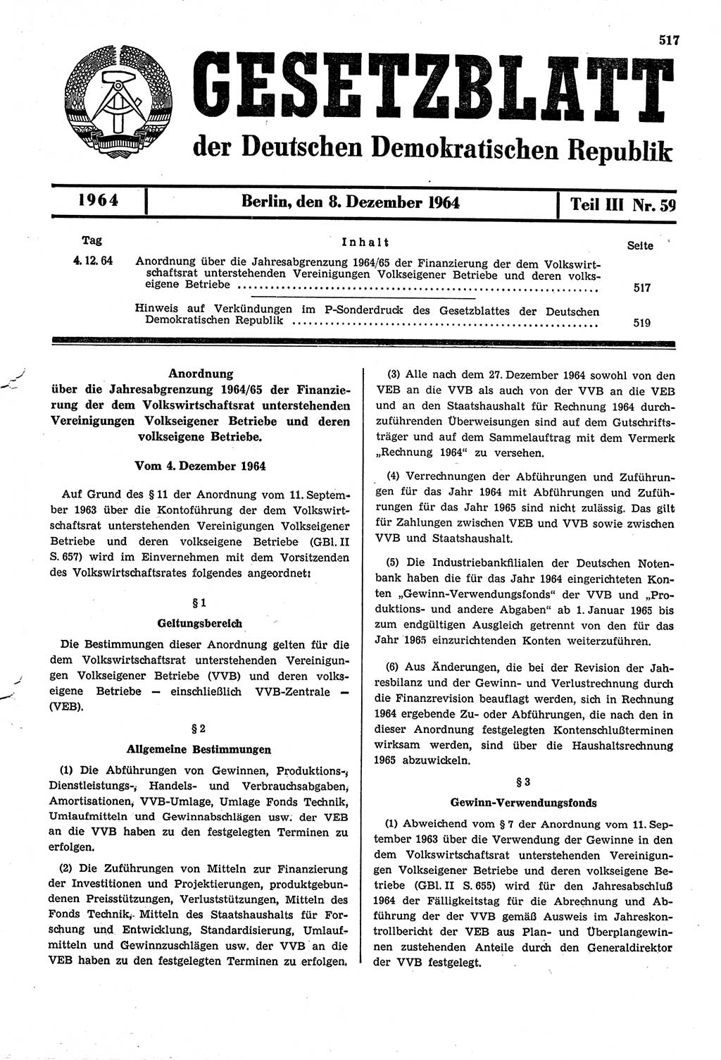 Gesetzblatt (GBl.) der Deutschen Demokratischen Republik (DDR) Teil ⅠⅠⅠ 1964, Seite 517 (GBl. DDR ⅠⅠⅠ 1964, S. 517)