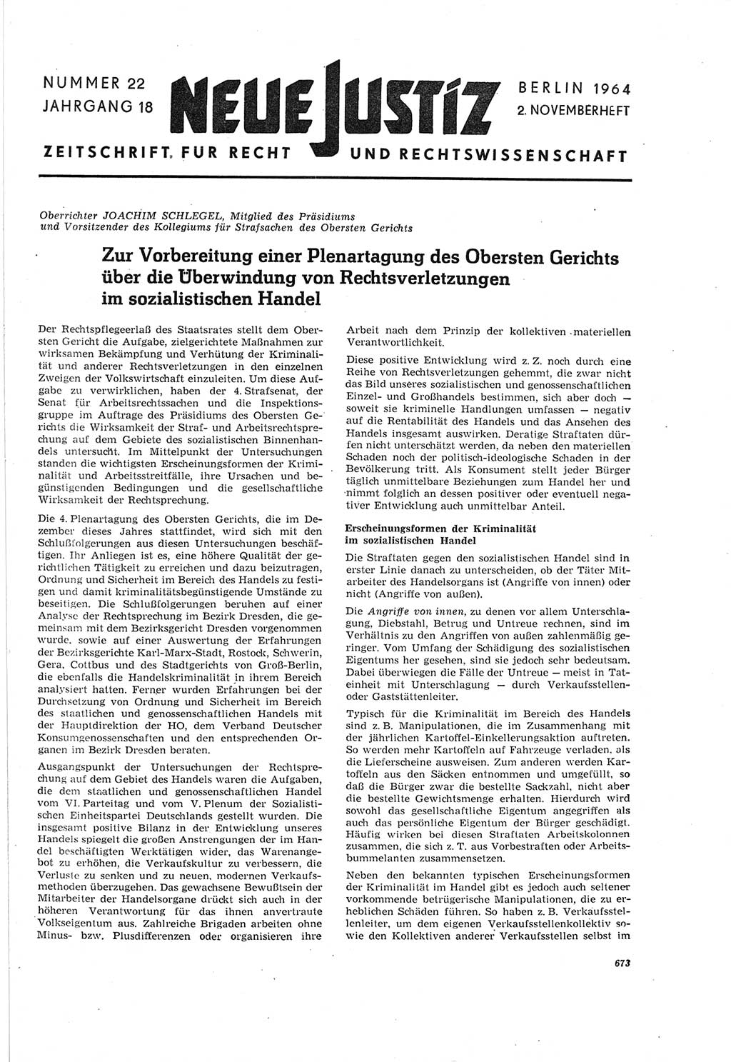 Neue Justiz (NJ), Zeitschrift für Recht und Rechtswissenschaft [Deutsche Demokratische Republik (DDR)], 18. Jahrgang 1964, Seite 673 (NJ DDR 1964, S. 673)