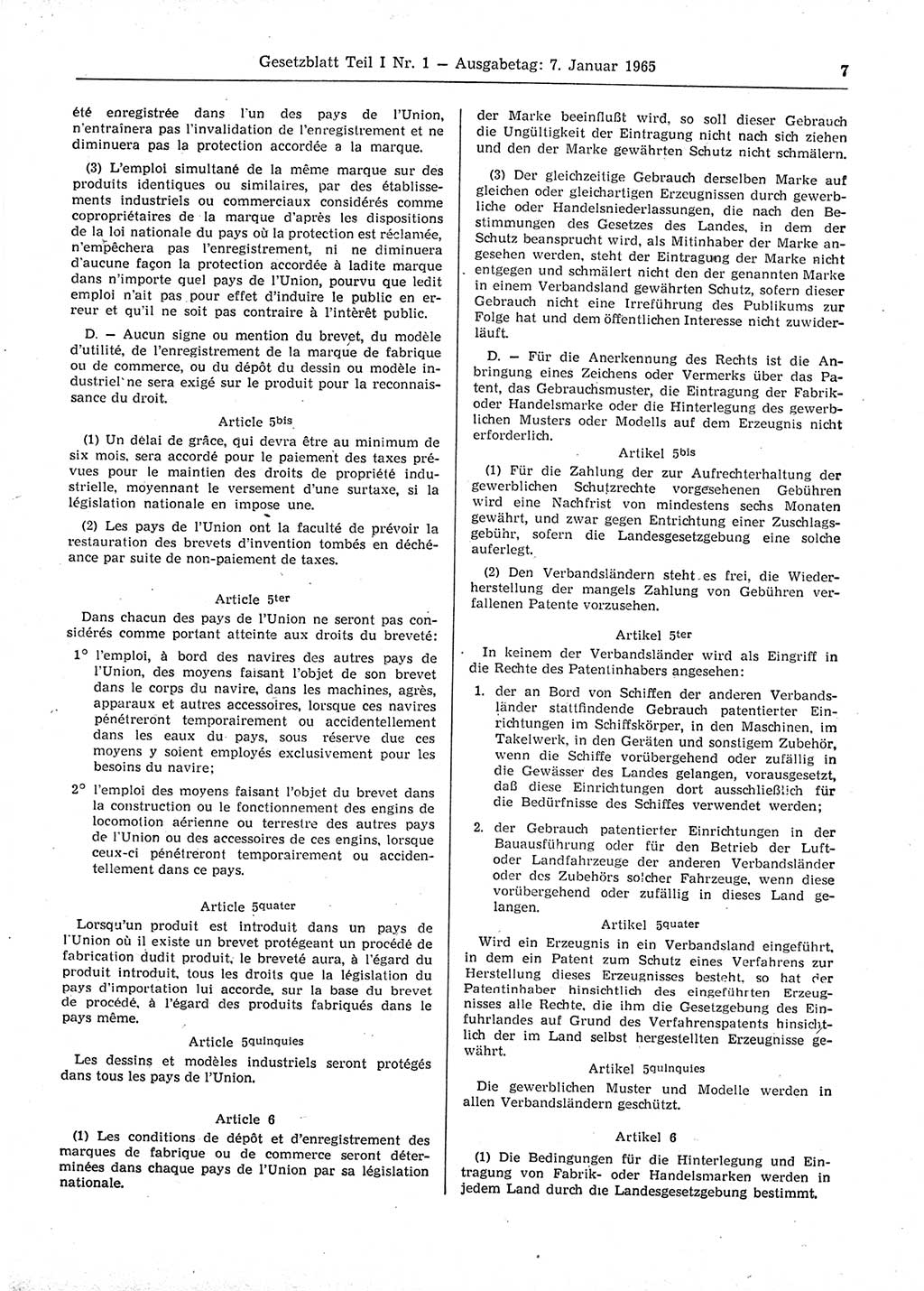 Gesetzblatt (GBl.) der Deutschen Demokratischen Republik (DDR) Teil Ⅰ 1965, Seite 7 (GBl. DDR Ⅰ 1965, S. 7)