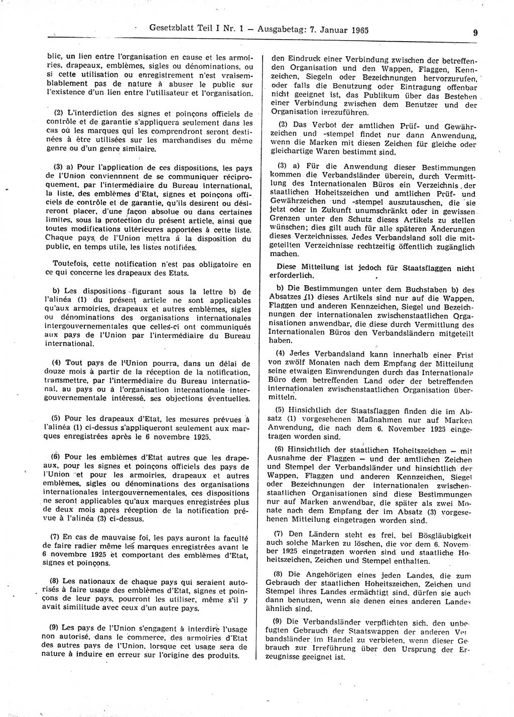 Gesetzblatt (GBl.) der Deutschen Demokratischen Republik (DDR) Teil Ⅰ 1965, Seite 9 (GBl. DDR Ⅰ 1965, S. 9)