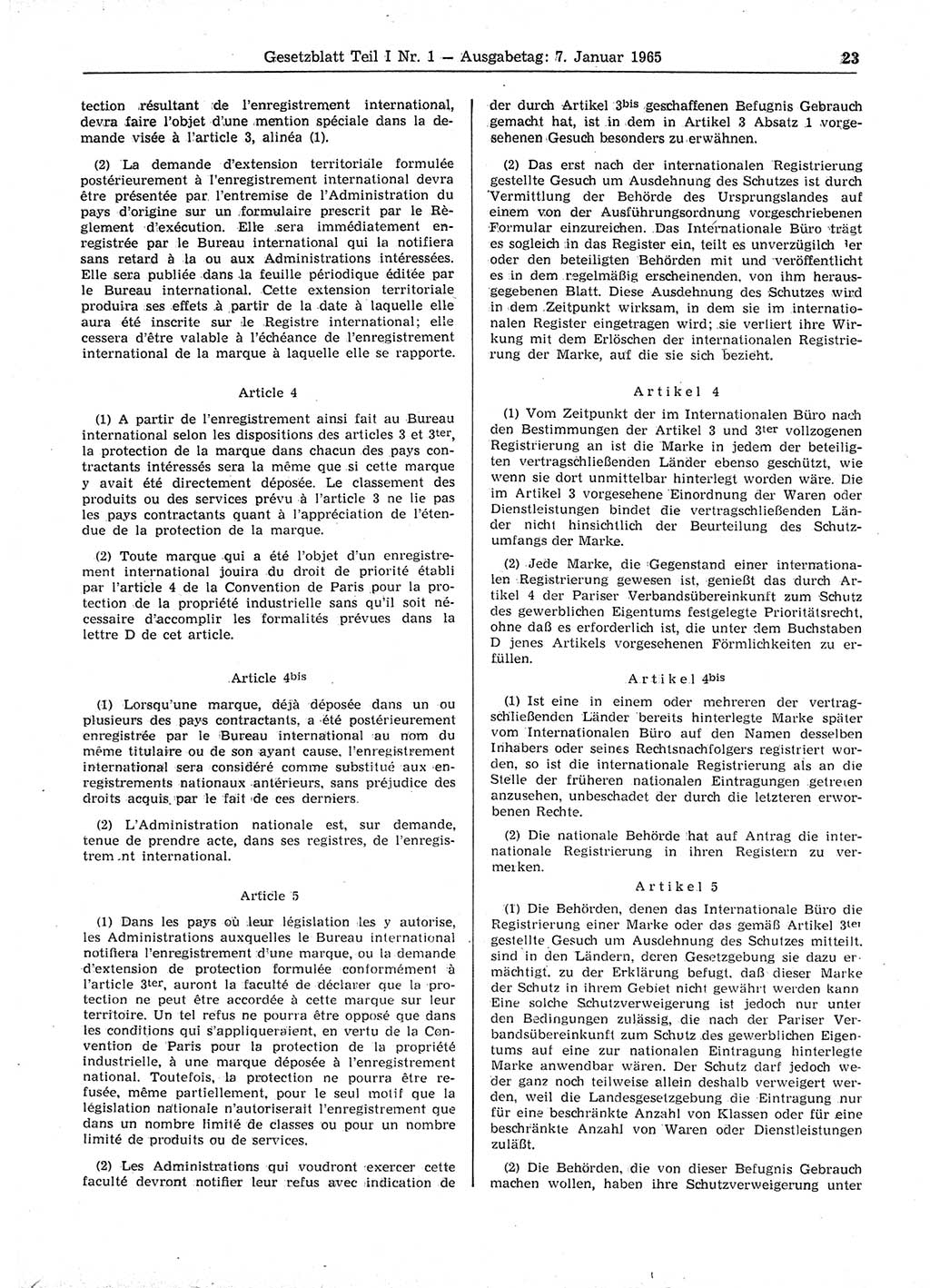 Gesetzblatt (GBl.) der Deutschen Demokratischen Republik (DDR) Teil Ⅰ 1965, Seite 23 (GBl. DDR Ⅰ 1965, S. 23)