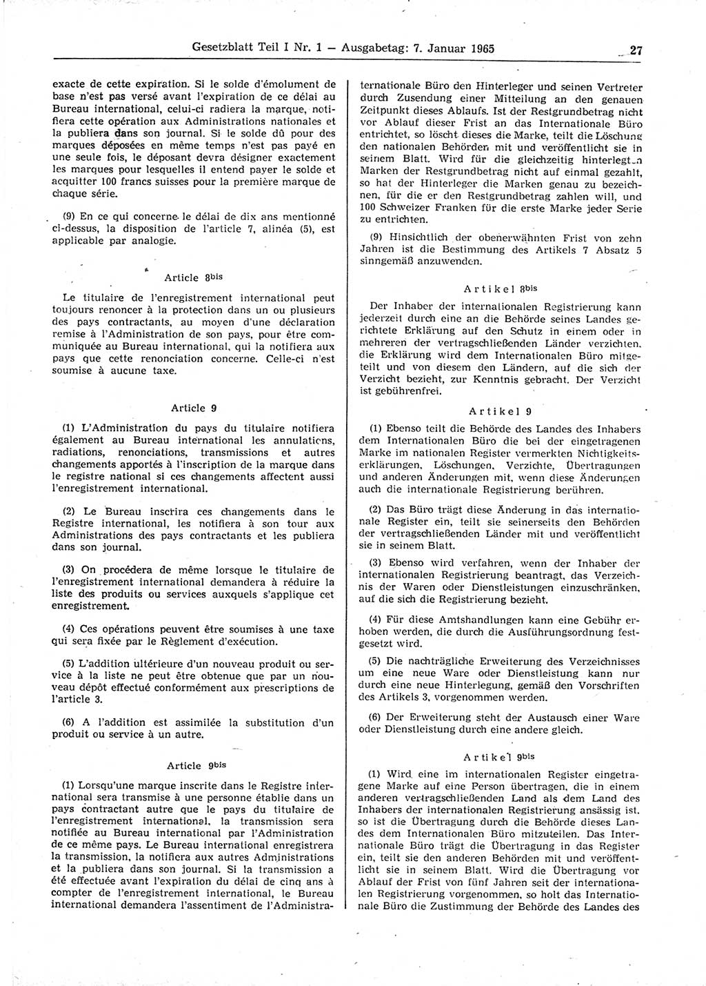 Gesetzblatt (GBl.) der Deutschen Demokratischen Republik (DDR) Teil Ⅰ 1965, Seite 27 (GBl. DDR Ⅰ 1965, S. 27)