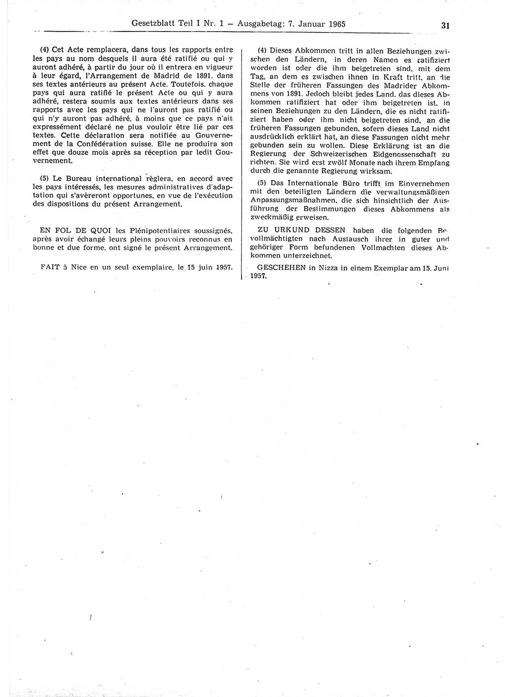 Gesetzblatt (GBl.) der Deutschen Demokratischen Republik (DDR) Teil Ⅰ 1965, Seite 31 (GBl. DDR Ⅰ 1965, S. 31)