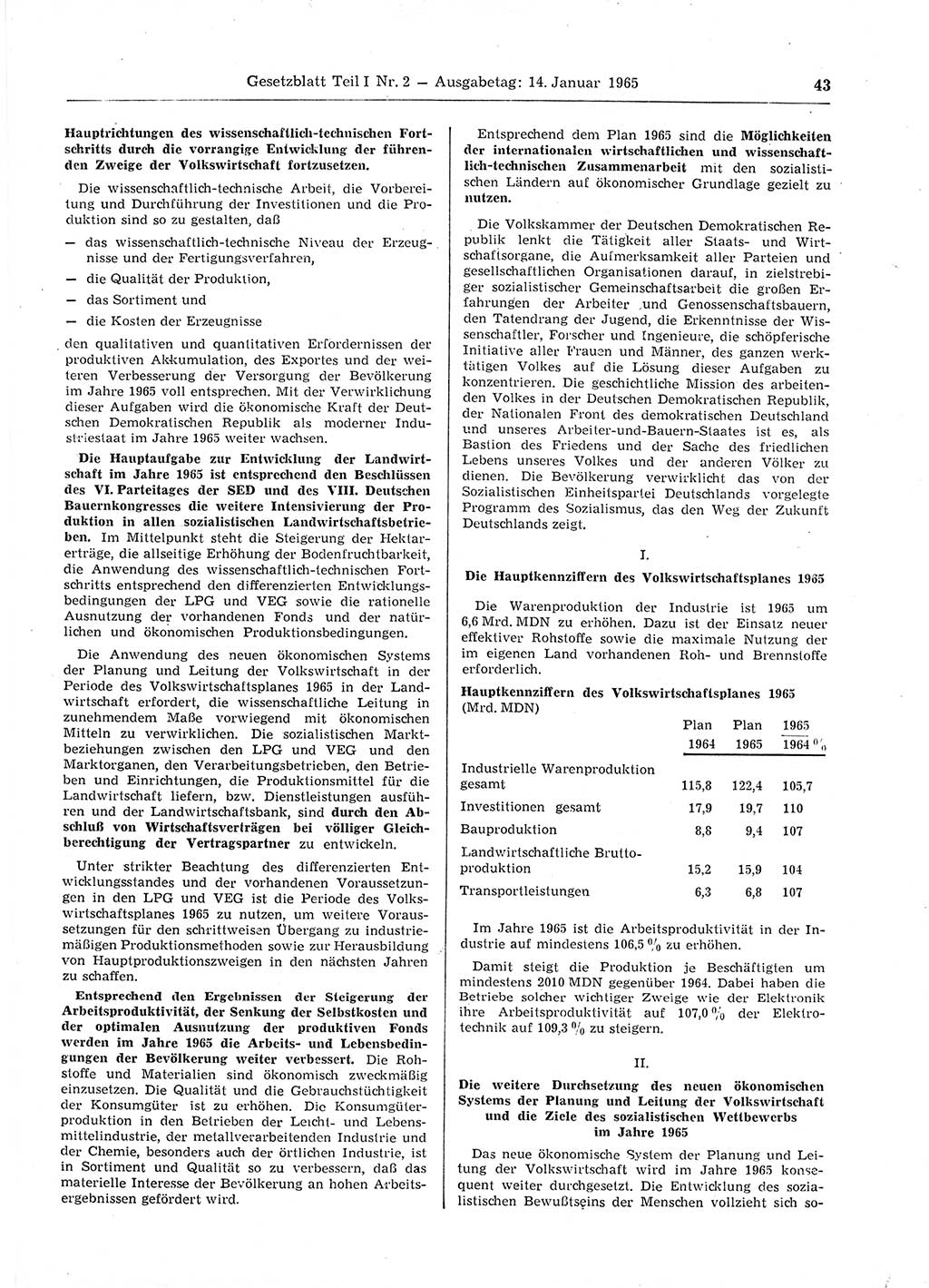 Gesetzblatt (GBl.) der Deutschen Demokratischen Republik (DDR) Teil Ⅰ 1965, Seite 43 (GBl. DDR Ⅰ 1965, S. 43)