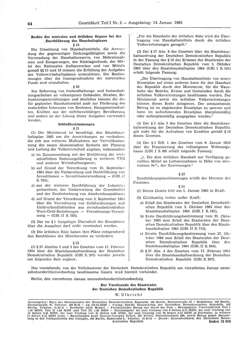 Gesetzblatt (GBl.) der Deutschen Demokratischen Republik (DDR) Teil Ⅰ 1965, Seite 64 (GBl. DDR Ⅰ 1965, S. 64)