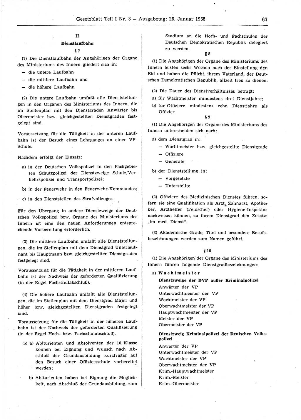 Gesetzblatt (GBl.) der Deutschen Demokratischen Republik (DDR) Teil Ⅰ 1965, Seite 67 (GBl. DDR Ⅰ 1965, S. 67)