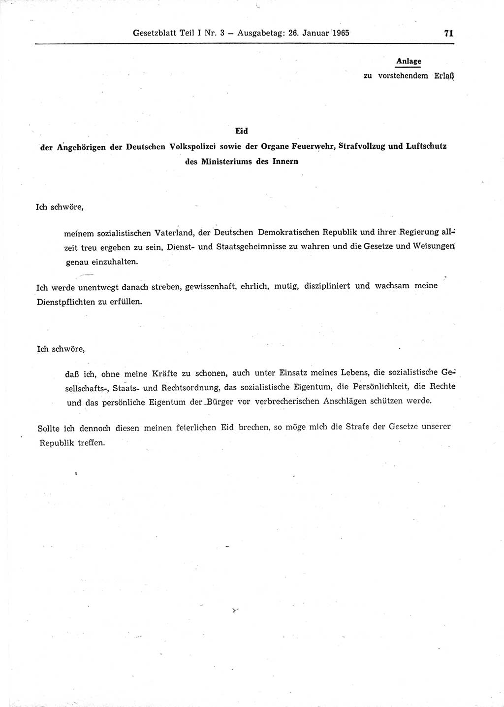 Gesetzblatt (GBl.) der Deutschen Demokratischen Republik (DDR) Teil Ⅰ 1965, Seite 71 (GBl. DDR Ⅰ 1965, S. 71)