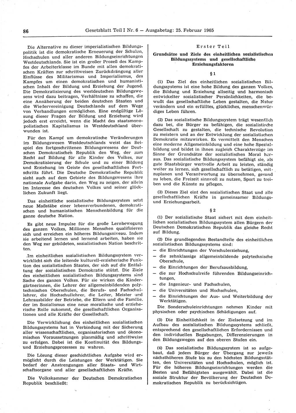 Gesetzblatt (GBl.) der Deutschen Demokratischen Republik (DDR) Teil Ⅰ 1965, Seite 86 (GBl. DDR Ⅰ 1965, S. 86)