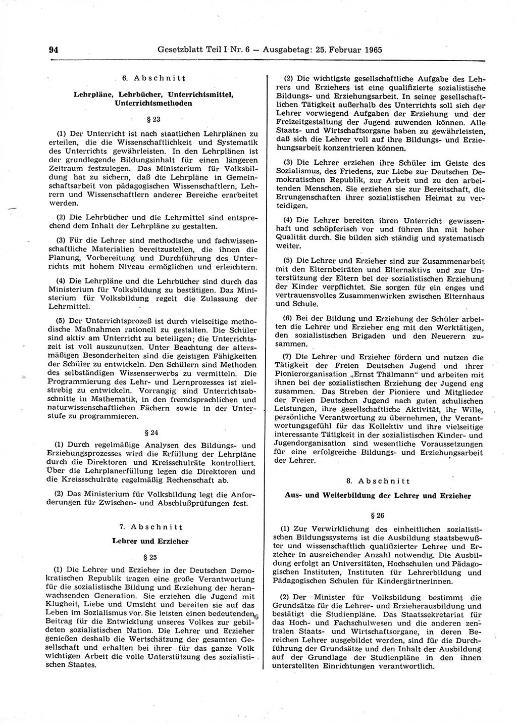 Gesetzblatt (GBl.) der Deutschen Demokratischen Republik (DDR) Teil Ⅰ 1965, Seite 94 (GBl. DDR Ⅰ 1965, S. 94)