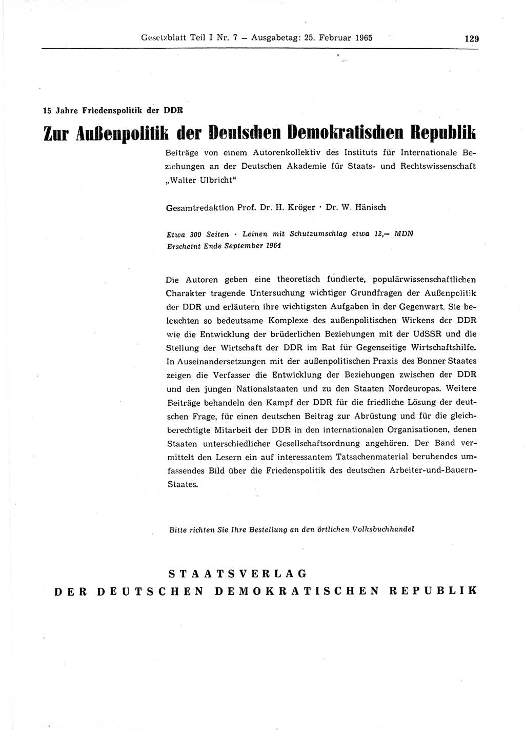 Gesetzblatt (GBl.) der Deutschen Demokratischen Republik (DDR) Teil Ⅰ 1965, Seite 129 (GBl. DDR Ⅰ 1965, S. 129)
