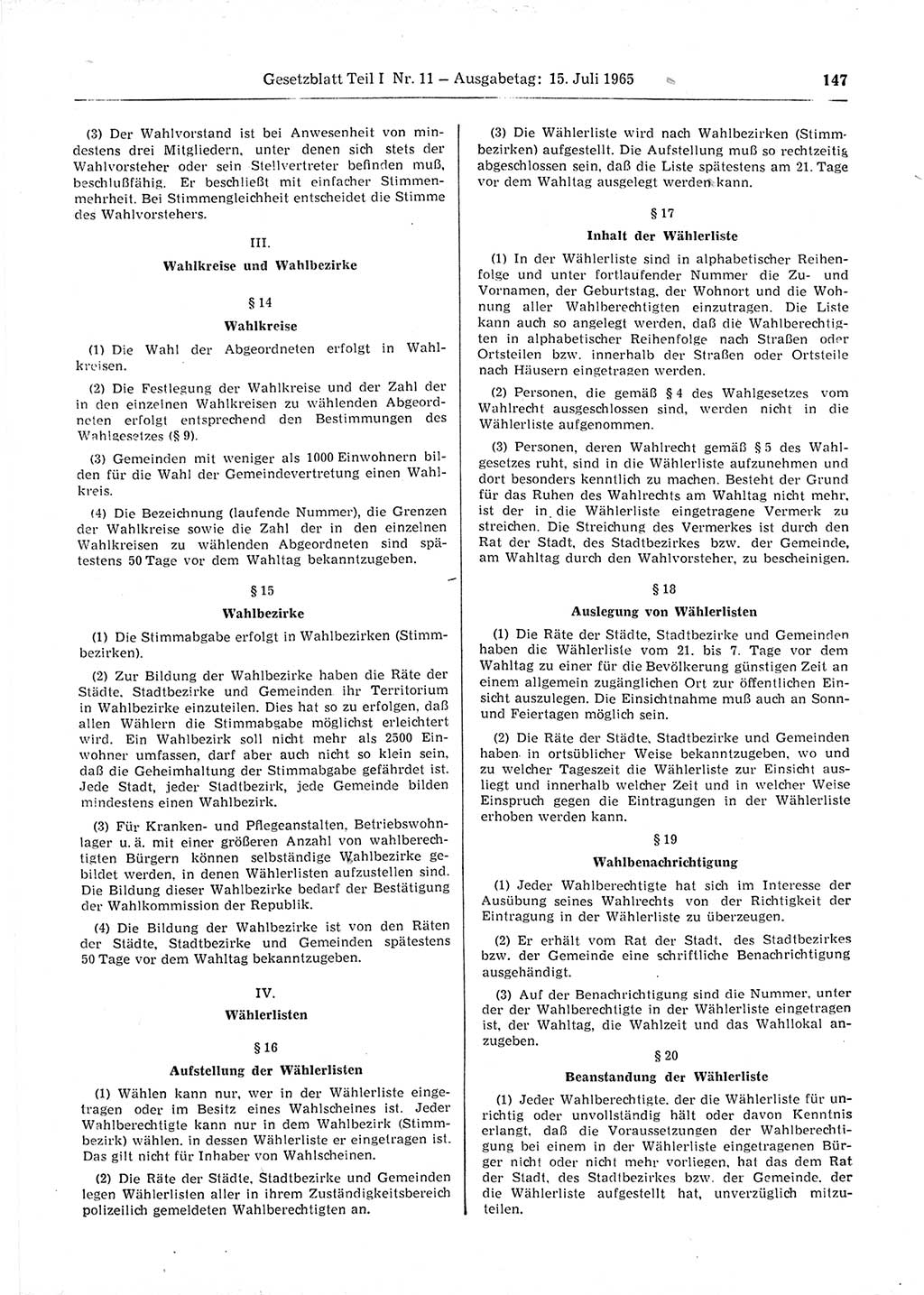 Gesetzblatt (GBl.) der Deutschen Demokratischen Republik (DDR) Teil Ⅰ 1965, Seite 147 (GBl. DDR Ⅰ 1965, S. 147)