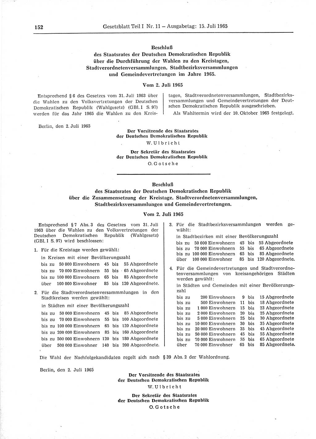 Gesetzblatt (GBl.) der Deutschen Demokratischen Republik (DDR) Teil Ⅰ 1965, Seite 152 (GBl. DDR Ⅰ 1965, S. 152)