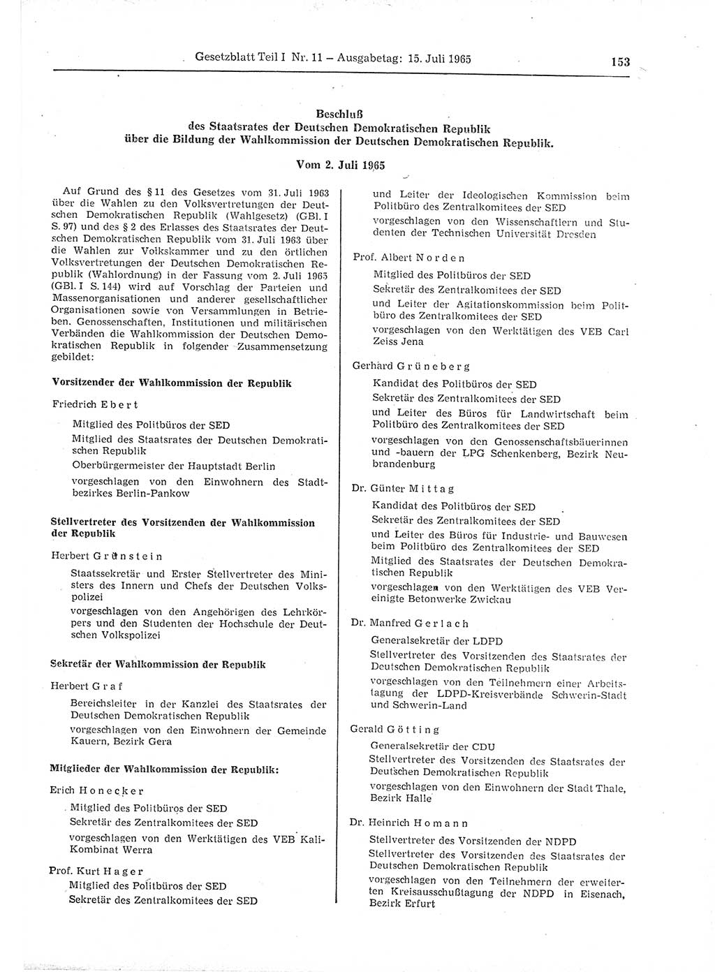 Gesetzblatt (GBl.) der Deutschen Demokratischen Republik (DDR) Teil Ⅰ 1965, Seite 153 (GBl. DDR Ⅰ 1965, S. 153)