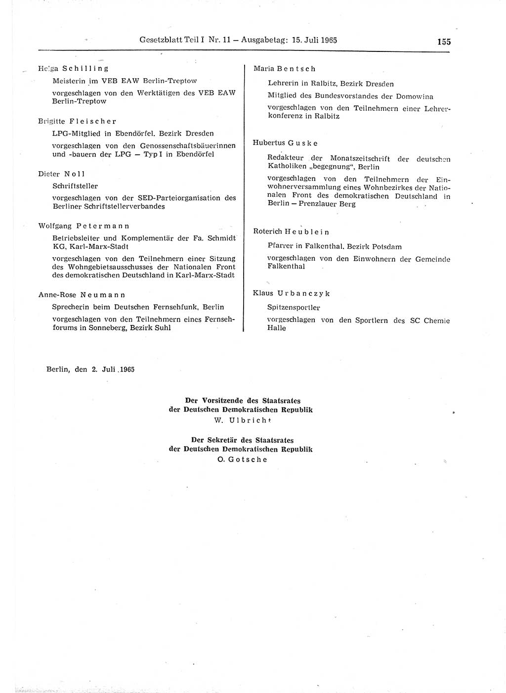 Gesetzblatt (GBl.) der Deutschen Demokratischen Republik (DDR) Teil Ⅰ 1965, Seite 155 (GBl. DDR Ⅰ 1965, S. 155)