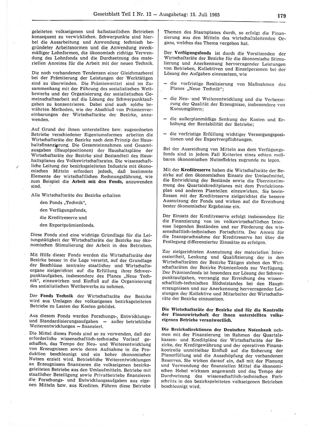 Gesetzblatt (GBl.) der Deutschen Demokratischen Republik (DDR) Teil Ⅰ 1965, Seite 179 (GBl. DDR Ⅰ 1965, S. 179)