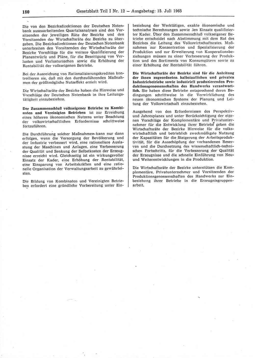 Gesetzblatt (GBl.) der Deutschen Demokratischen Republik (DDR) Teil Ⅰ 1965, Seite 180 (GBl. DDR Ⅰ 1965, S. 180)