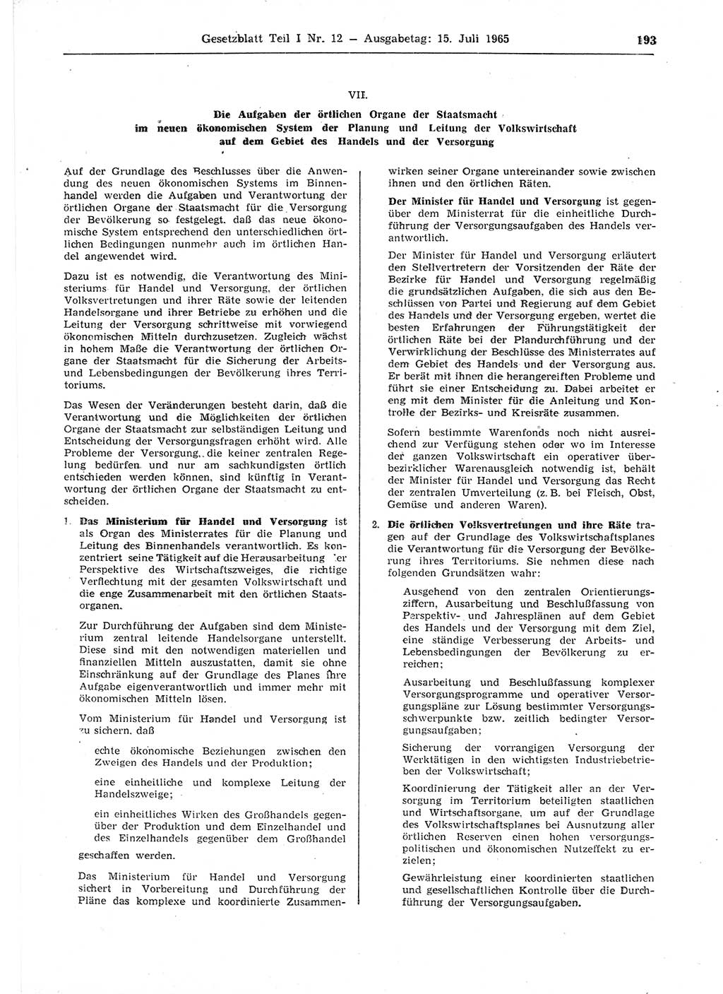 Gesetzblatt (GBl.) der Deutschen Demokratischen Republik (DDR) Teil Ⅰ 1965, Seite 193 (GBl. DDR Ⅰ 1965, S. 193)