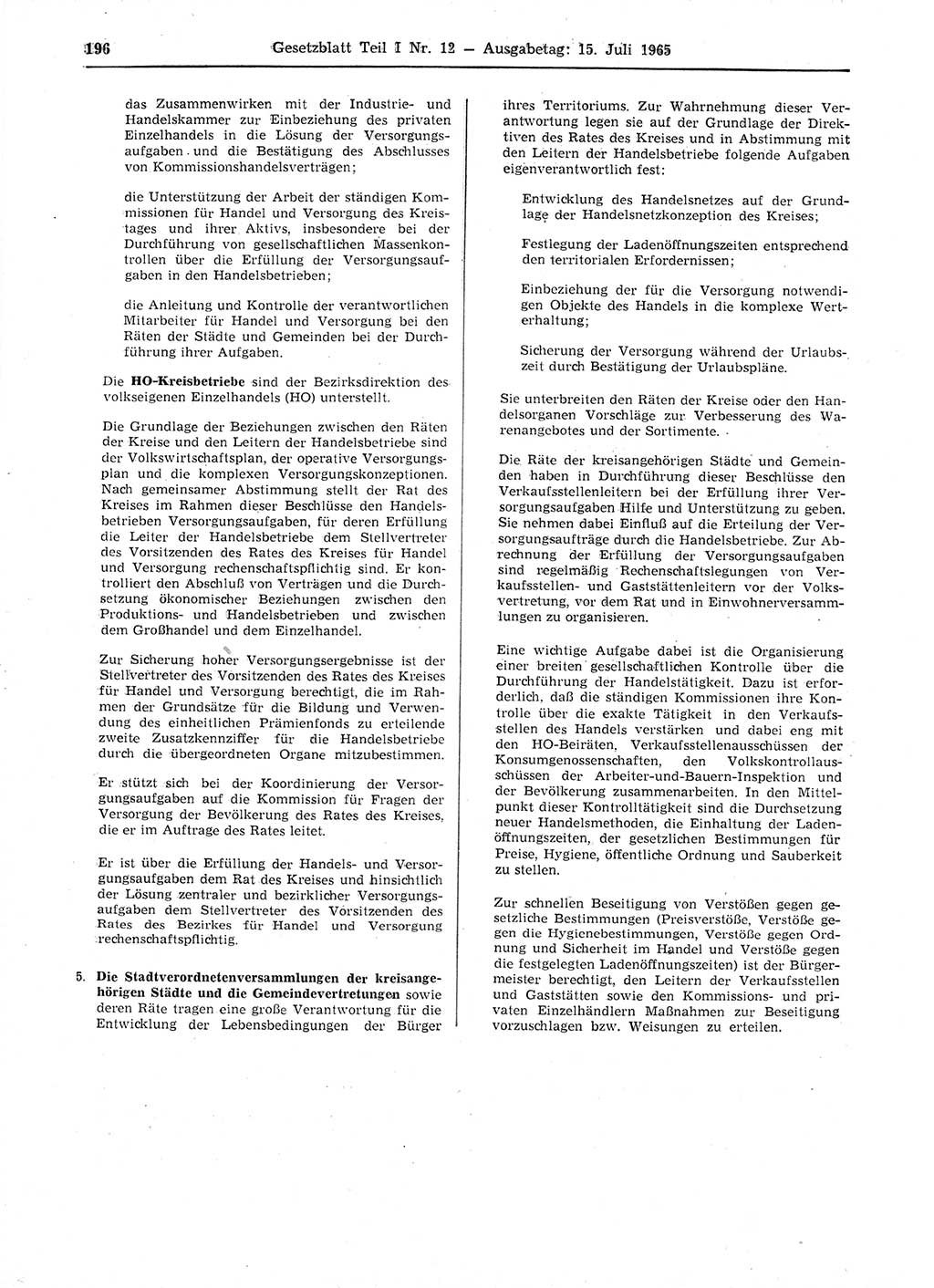Gesetzblatt (GBl.) der Deutschen Demokratischen Republik (DDR) Teil Ⅰ 1965, Seite 196 (GBl. DDR Ⅰ 1965, S. 196)