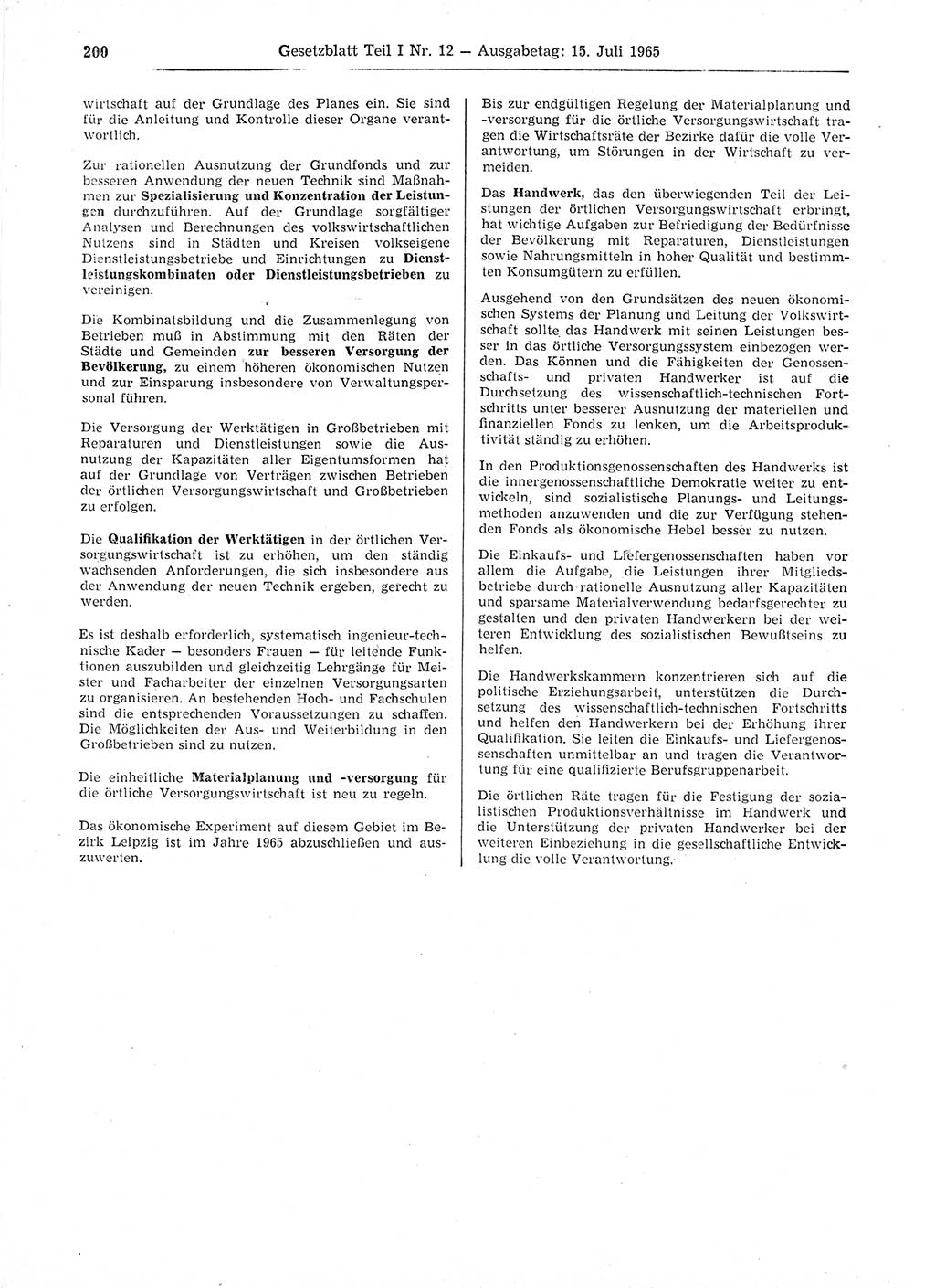 Gesetzblatt (GBl.) der Deutschen Demokratischen Republik (DDR) Teil Ⅰ 1965, Seite 200 (GBl. DDR Ⅰ 1965, S. 200)