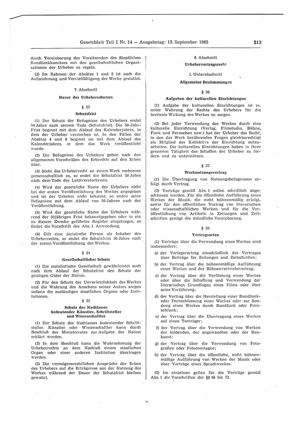 Gesetzblatt (GBl.) der Deutschen Demokratischen Republik (DDR) Teil Ⅰ 1965, Seite 213 (GBl. DDR Ⅰ 1965, S. 213)