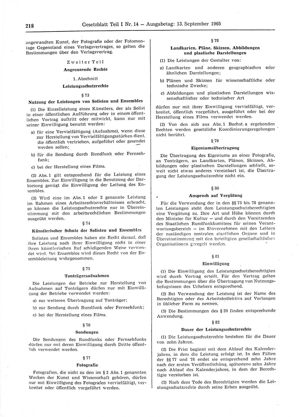 Gesetzblatt (GBl.) der Deutschen Demokratischen Republik (DDR) Teil Ⅰ 1965, Seite 218 (GBl. DDR Ⅰ 1965, S. 218)