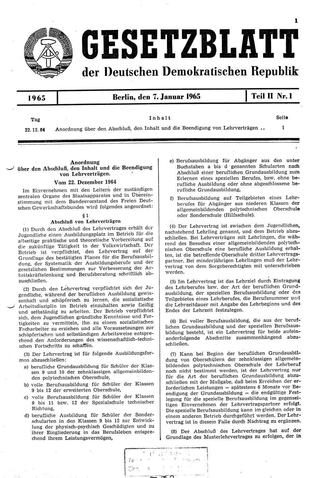 Gesetzblatt (GBl.) der Deutschen Demokratischen Republik (DDR) Teil ⅠⅠ 1965, Seite 1 (GBl. DDR ⅠⅠ 1965, S. 1)