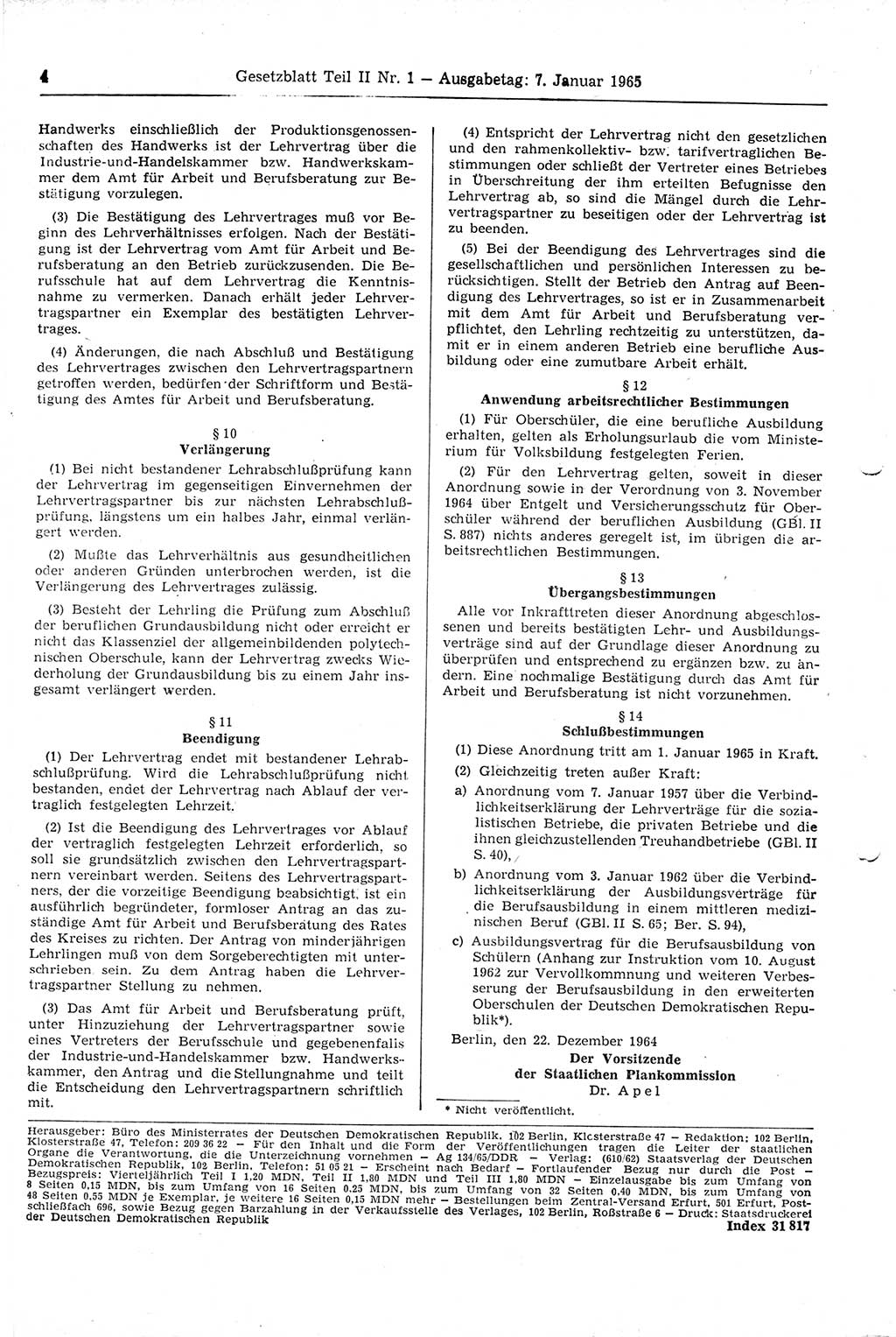 Gesetzblatt (GBl.) der Deutschen Demokratischen Republik (DDR) Teil ⅠⅠ 1965, Seite 4 (GBl. DDR ⅠⅠ 1965, S. 4)