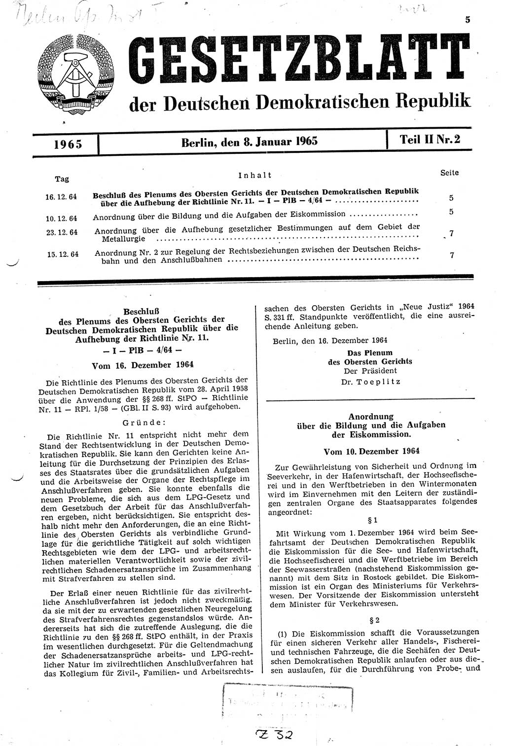 Gesetzblatt (GBl.) der Deutschen Demokratischen Republik (DDR) Teil ⅠⅠ 1965, Seite 5 (GBl. DDR ⅠⅠ 1965, S. 5)