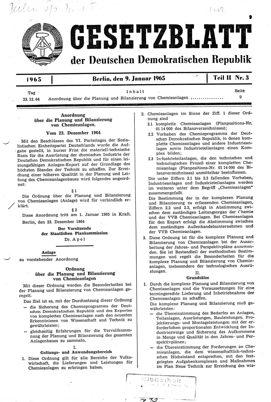 Gesetzblatt (GBl.) der Deutschen Demokratischen Republik (DDR) Teil ⅠⅠ 1965, Seite 9 (GBl. DDR ⅠⅠ 1965, S. 9)