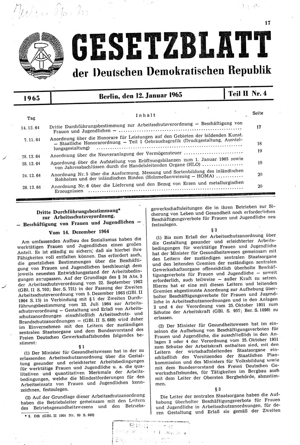 Gesetzblatt (GBl.) der Deutschen Demokratischen Republik (DDR) Teil ⅠⅠ 1965, Seite 17 (GBl. DDR ⅠⅠ 1965, S. 17)