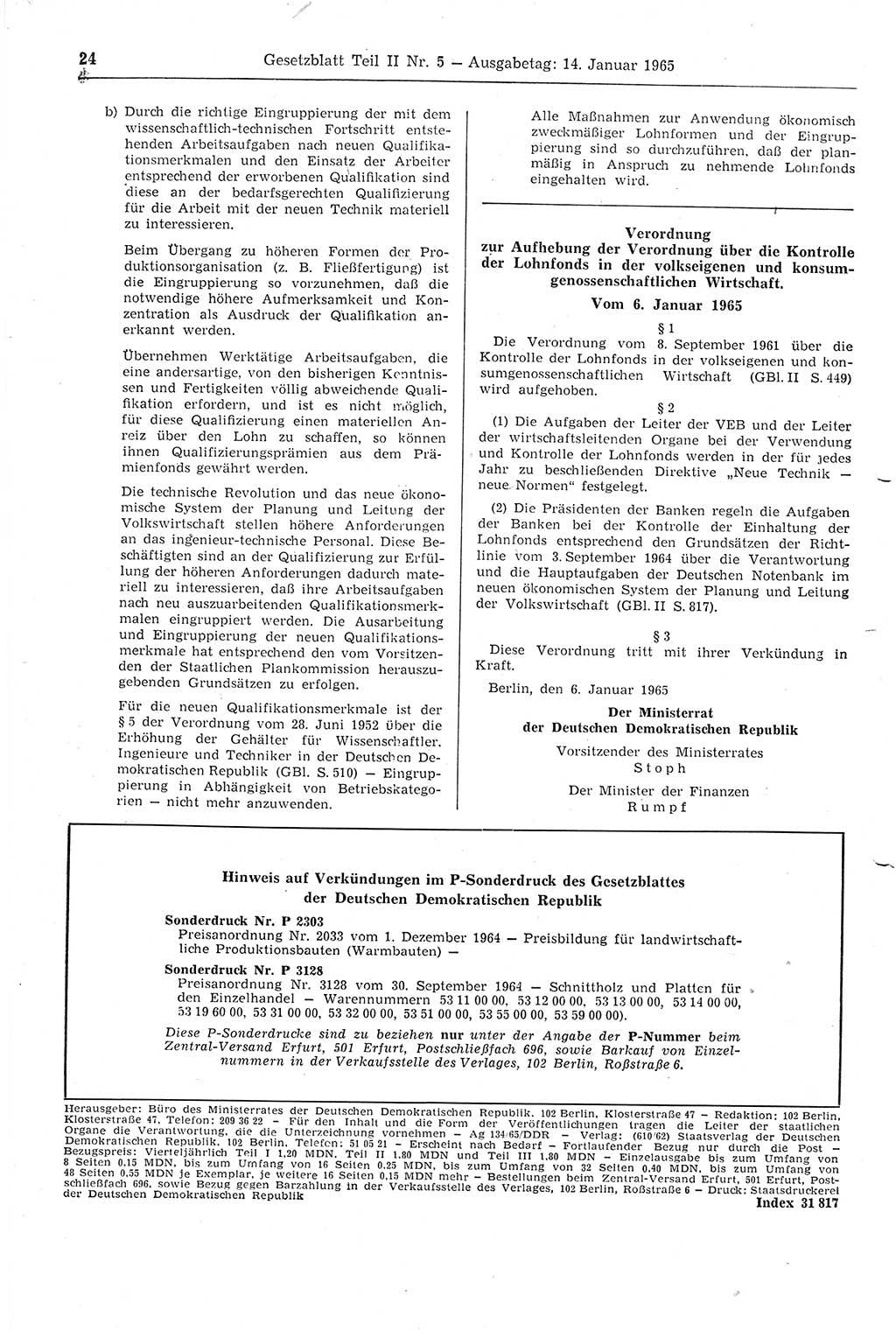 Gesetzblatt (GBl.) der Deutschen Demokratischen Republik (DDR) Teil ⅠⅠ 1965, Seite 24 (GBl. DDR ⅠⅠ 1965, S. 24)