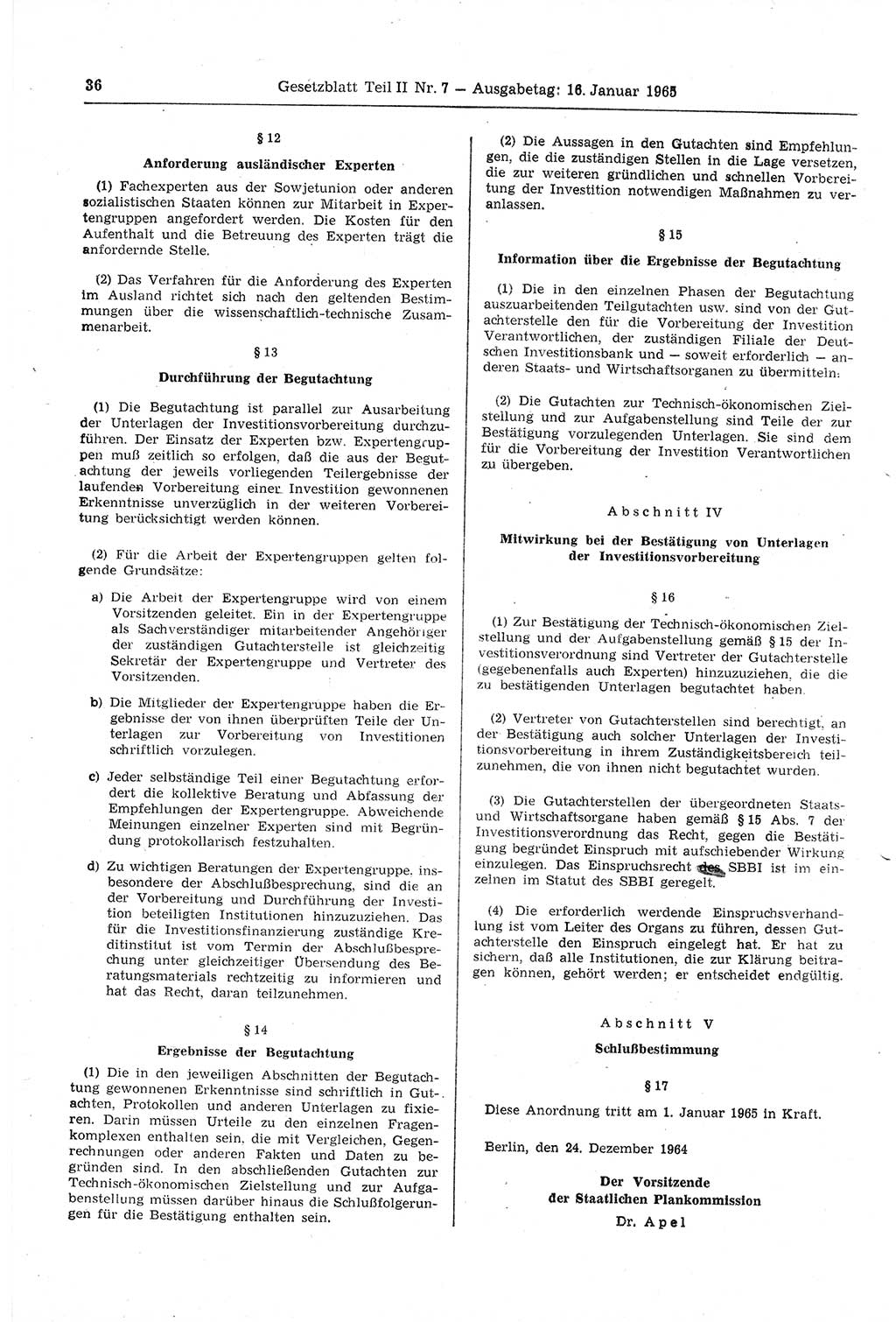 Gesetzblatt (GBl.) der Deutschen Demokratischen Republik (DDR) Teil ⅠⅠ 1965, Seite 36 (GBl. DDR ⅠⅠ 1965, S. 36)