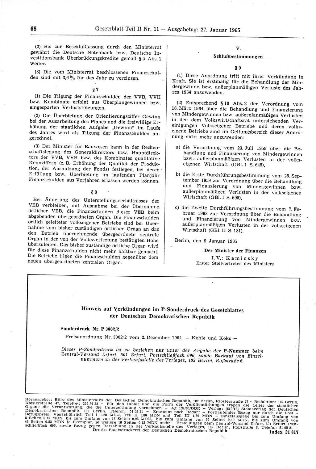 Gesetzblatt (GBl.) der Deutschen Demokratischen Republik (DDR) Teil ⅠⅠ 1965, Seite 68 (GBl. DDR ⅠⅠ 1965, S. 68)