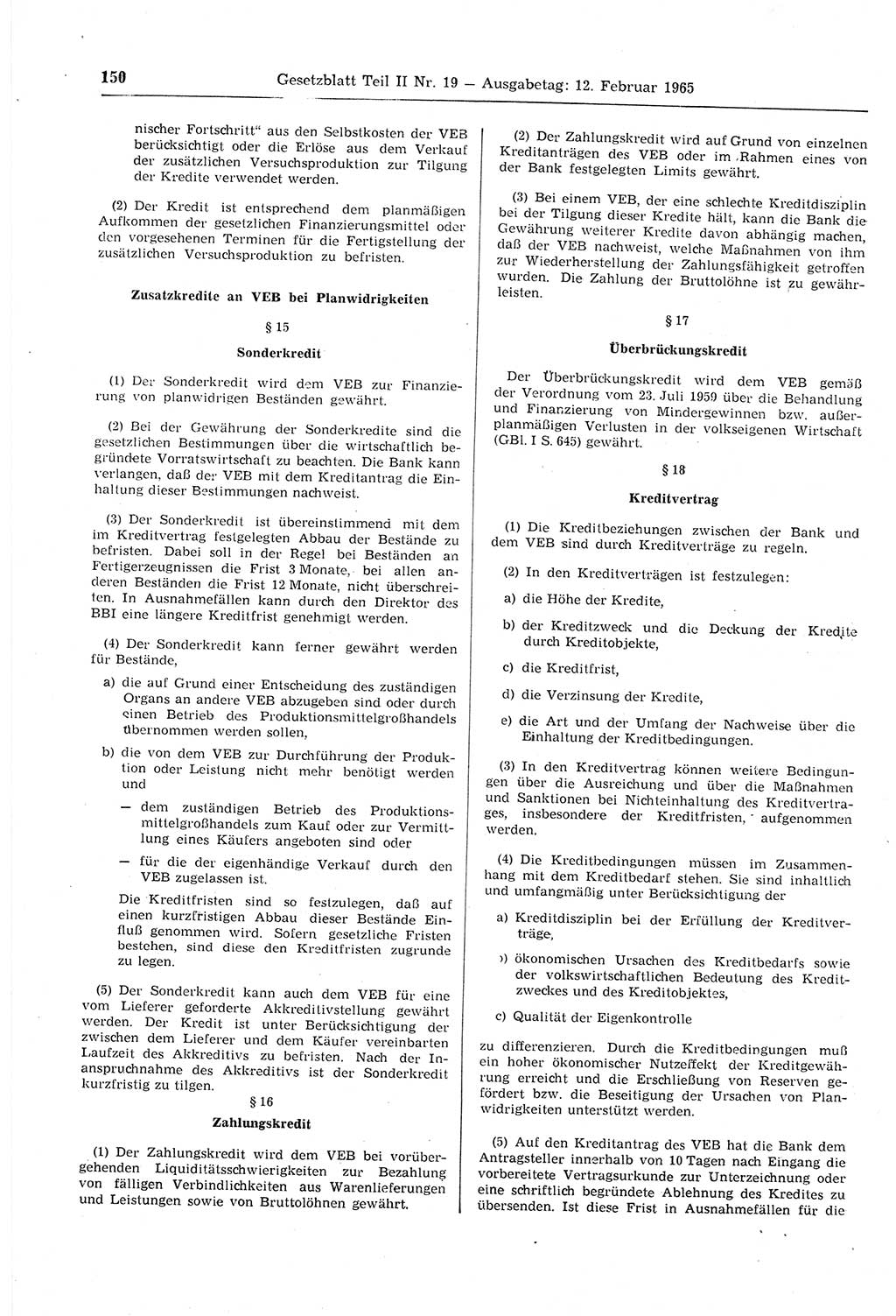 Gesetzblatt (GBl.) der Deutschen Demokratischen Republik (DDR) Teil ⅠⅠ 1965, Seite 150 (GBl. DDR ⅠⅠ 1965, S. 150)