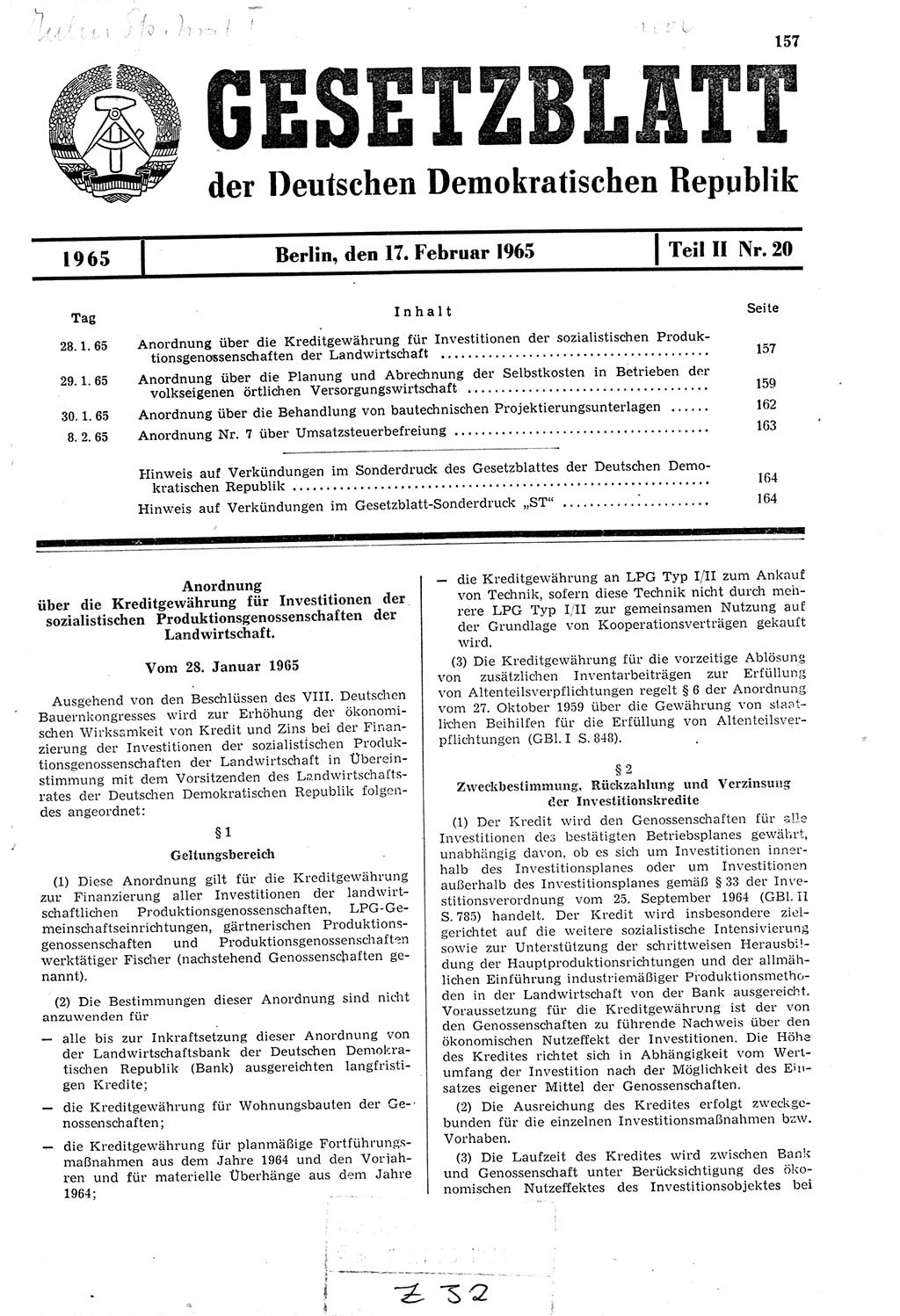 Gesetzblatt (GBl.) der Deutschen Demokratischen Republik (DDR) Teil ⅠⅠ 1965, Seite 157 (GBl. DDR ⅠⅠ 1965, S. 157)