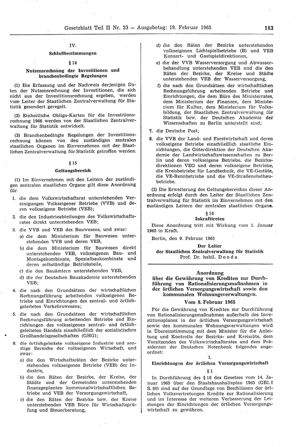 Gesetzblatt (GBl.) der Deutschen Demokratischen Republik (DDR) Teil ⅠⅠ 1965, Seite 183 (GBl. DDR ⅠⅠ 1965, S. 183)