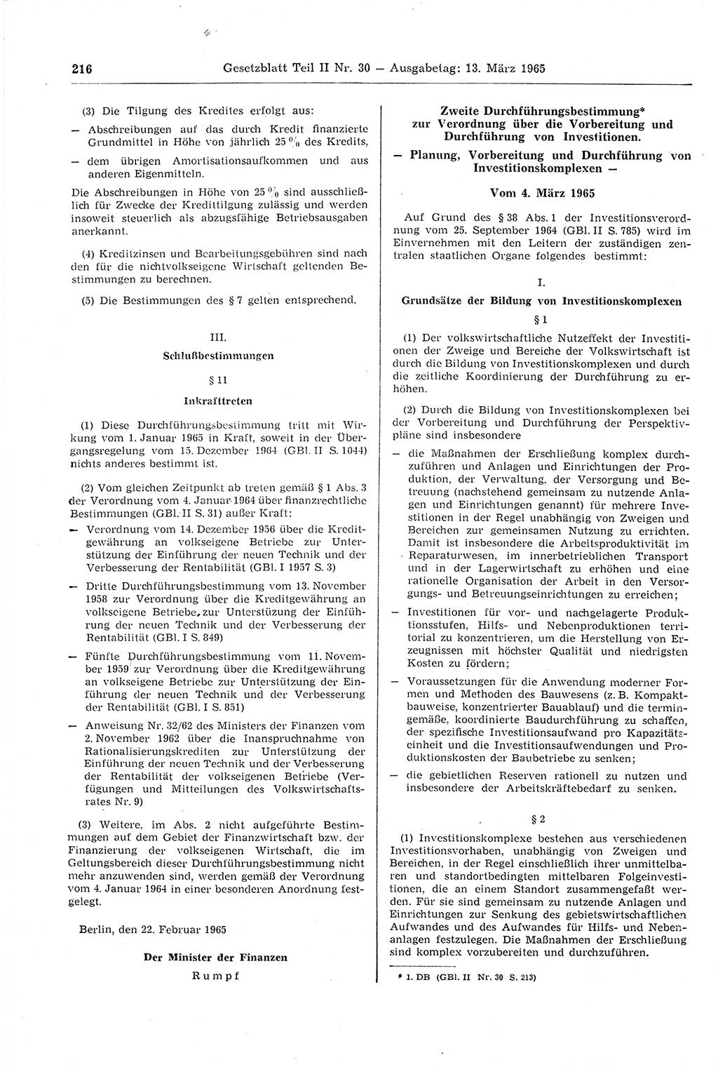 Gesetzblatt (GBl.) der Deutschen Demokratischen Republik (DDR) Teil ⅠⅠ 1965, Seite 216 (GBl. DDR ⅠⅠ 1965, S. 216)