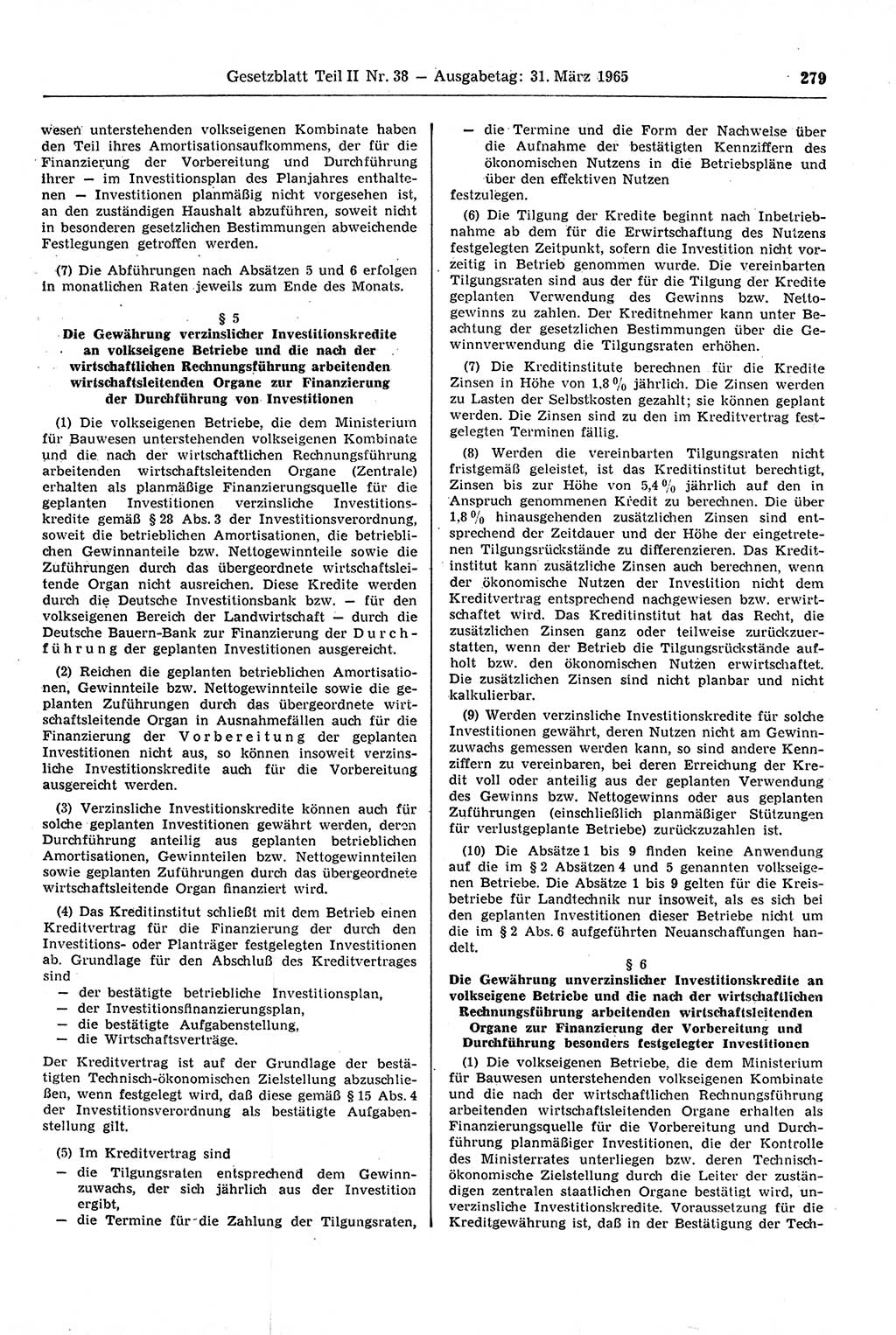 Gesetzblatt (GBl.) der Deutschen Demokratischen Republik (DDR) Teil ⅠⅠ 1965, Seite 279 (GBl. DDR ⅠⅠ 1965, S. 279)