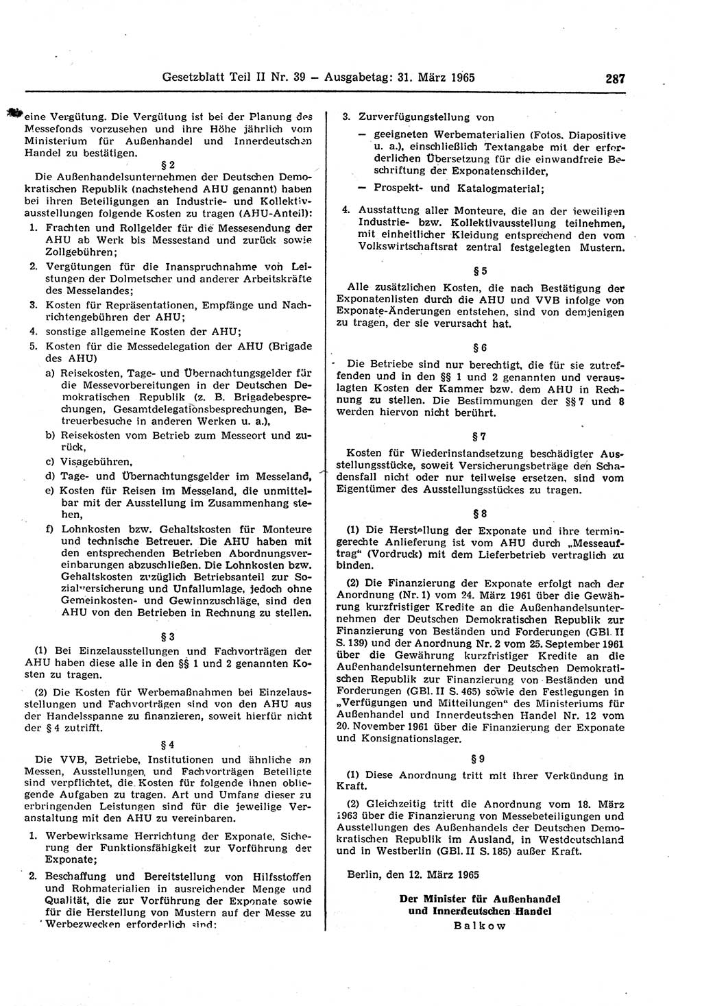 Gesetzblatt (GBl.) der Deutschen Demokratischen Republik (DDR) Teil ⅠⅠ 1965, Seite 287 (GBl. DDR ⅠⅠ 1965, S. 287)
