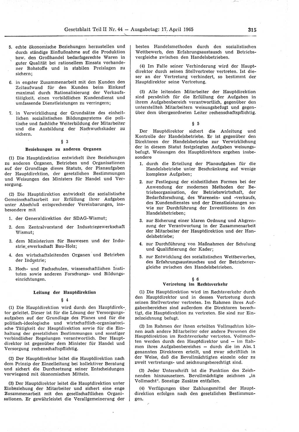 Gesetzblatt (GBl.) der Deutschen Demokratischen Republik (DDR) Teil ⅠⅠ 1965, Seite 315 (GBl. DDR ⅠⅠ 1965, S. 315)