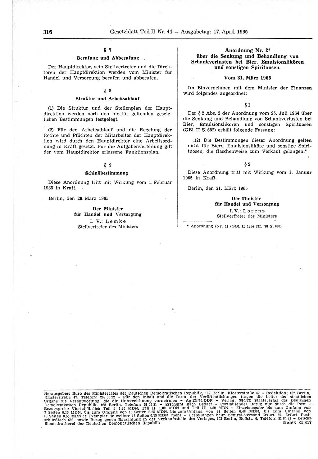 Gesetzblatt (GBl.) der Deutschen Demokratischen Republik (DDR) Teil ⅠⅠ 1965, Seite 316 (GBl. DDR ⅠⅠ 1965, S. 316)