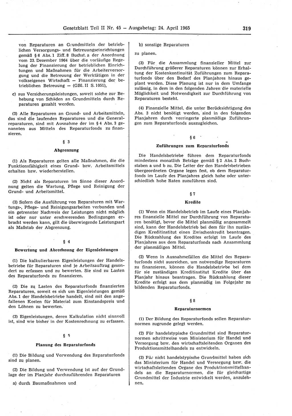 Gesetzblatt (GBl.) der Deutschen Demokratischen Republik (DDR) Teil ⅠⅠ 1965, Seite 319 (GBl. DDR ⅠⅠ 1965, S. 319)