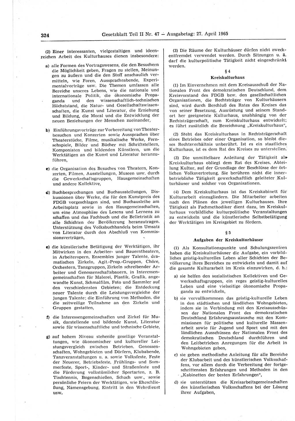 Gesetzblatt (GBl.) der Deutschen Demokratischen Republik (DDR) Teil ⅠⅠ 1965, Seite 324 (GBl. DDR ⅠⅠ 1965, S. 324)