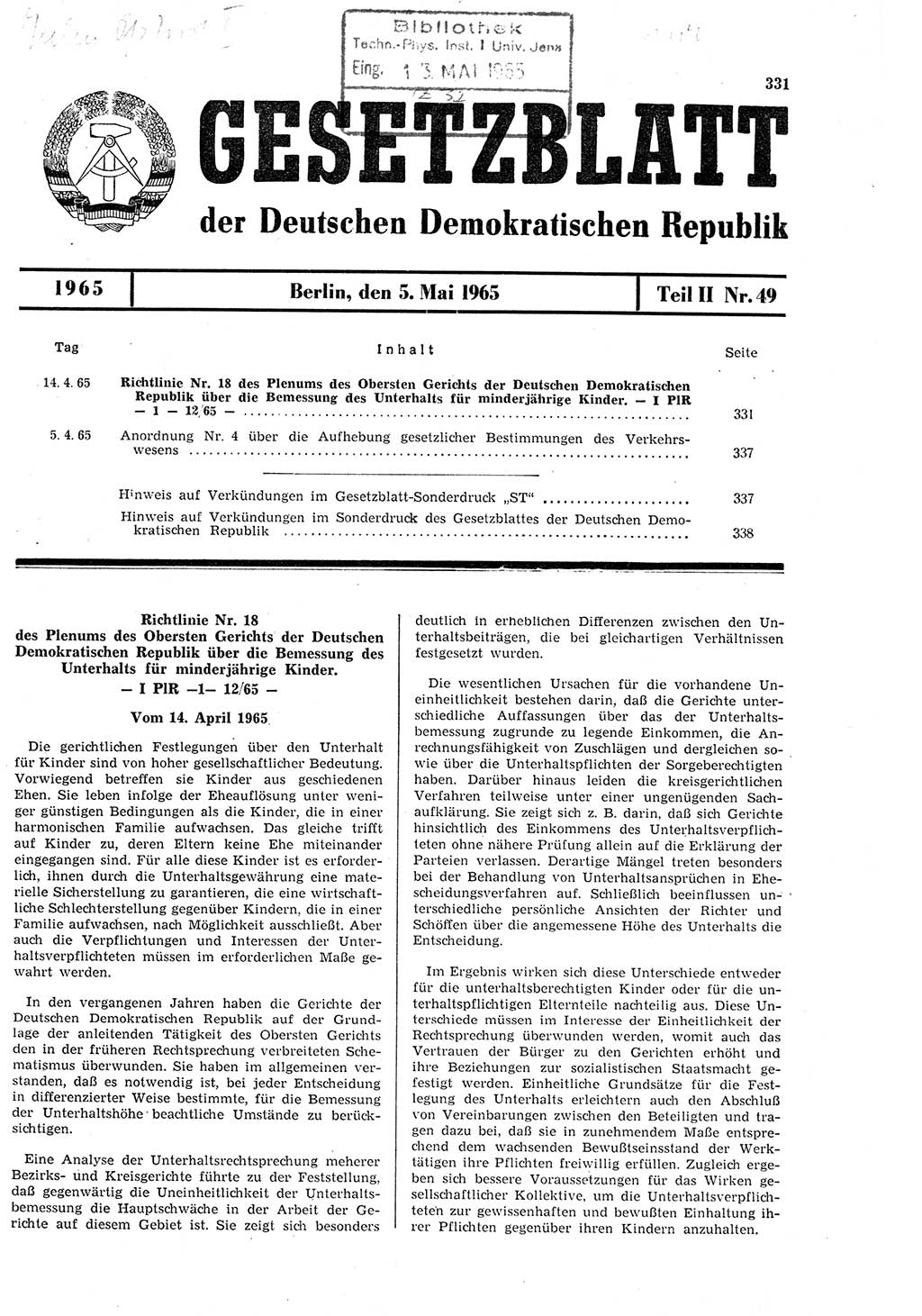 Gesetzblatt (GBl.) der Deutschen Demokratischen Republik (DDR) Teil ⅠⅠ 1965, Seite 331 (GBl. DDR ⅠⅠ 1965, S. 331)
