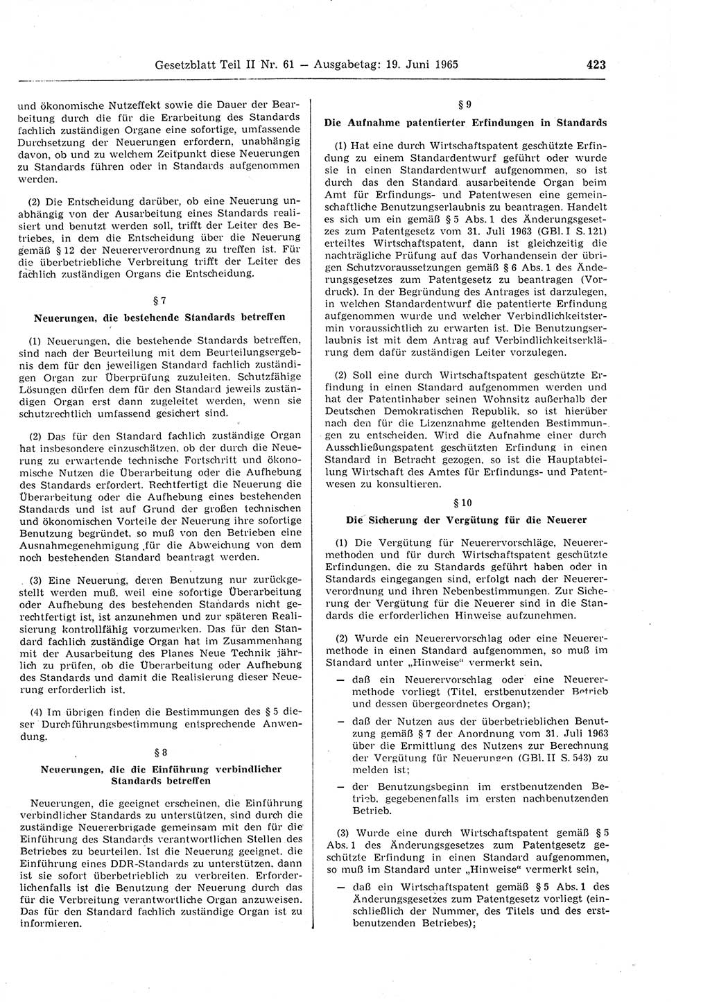 Gesetzblatt (GBl.) der Deutschen Demokratischen Republik (DDR) Teil ⅠⅠ 1965, Seite 423 (GBl. DDR ⅠⅠ 1965, S. 423)