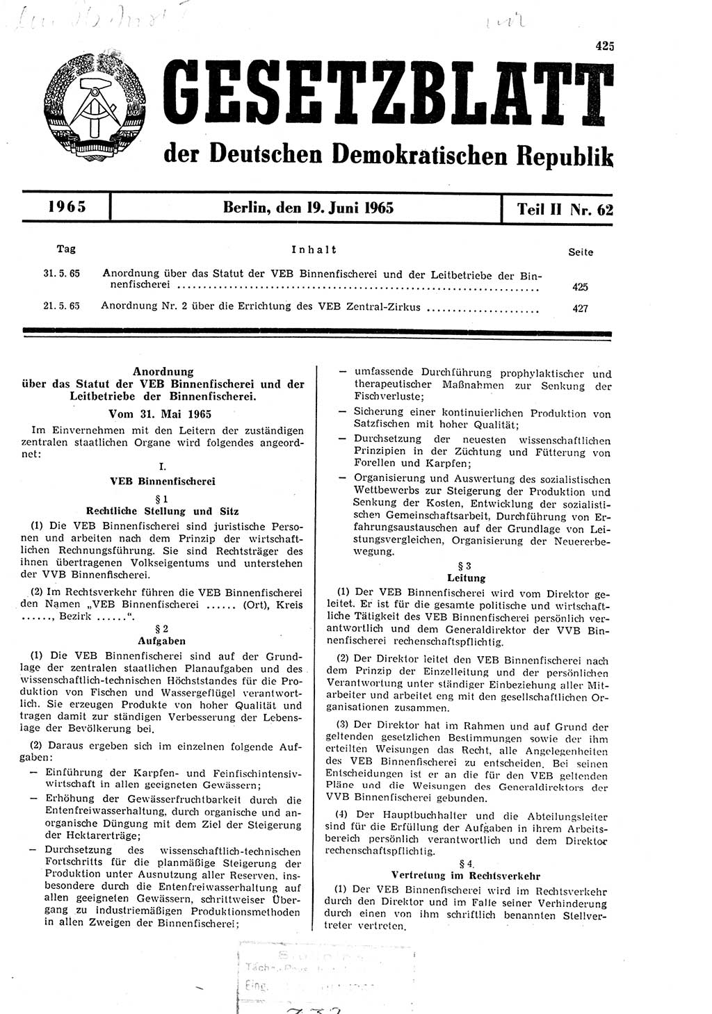 Gesetzblatt (GBl.) der Deutschen Demokratischen Republik (DDR) Teil ⅠⅠ 1965, Seite 425 (GBl. DDR ⅠⅠ 1965, S. 425)