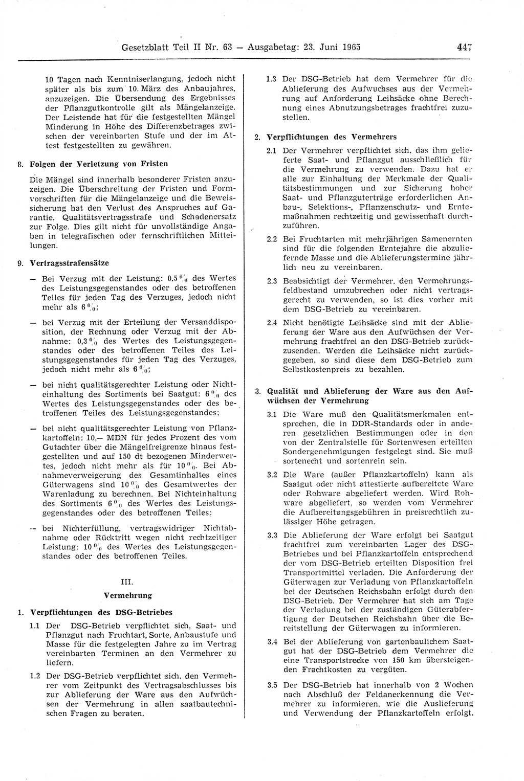 Gesetzblatt (GBl.) der Deutschen Demokratischen Republik (DDR) Teil ⅠⅠ 1965, Seite 447 (GBl. DDR ⅠⅠ 1965, S. 447)