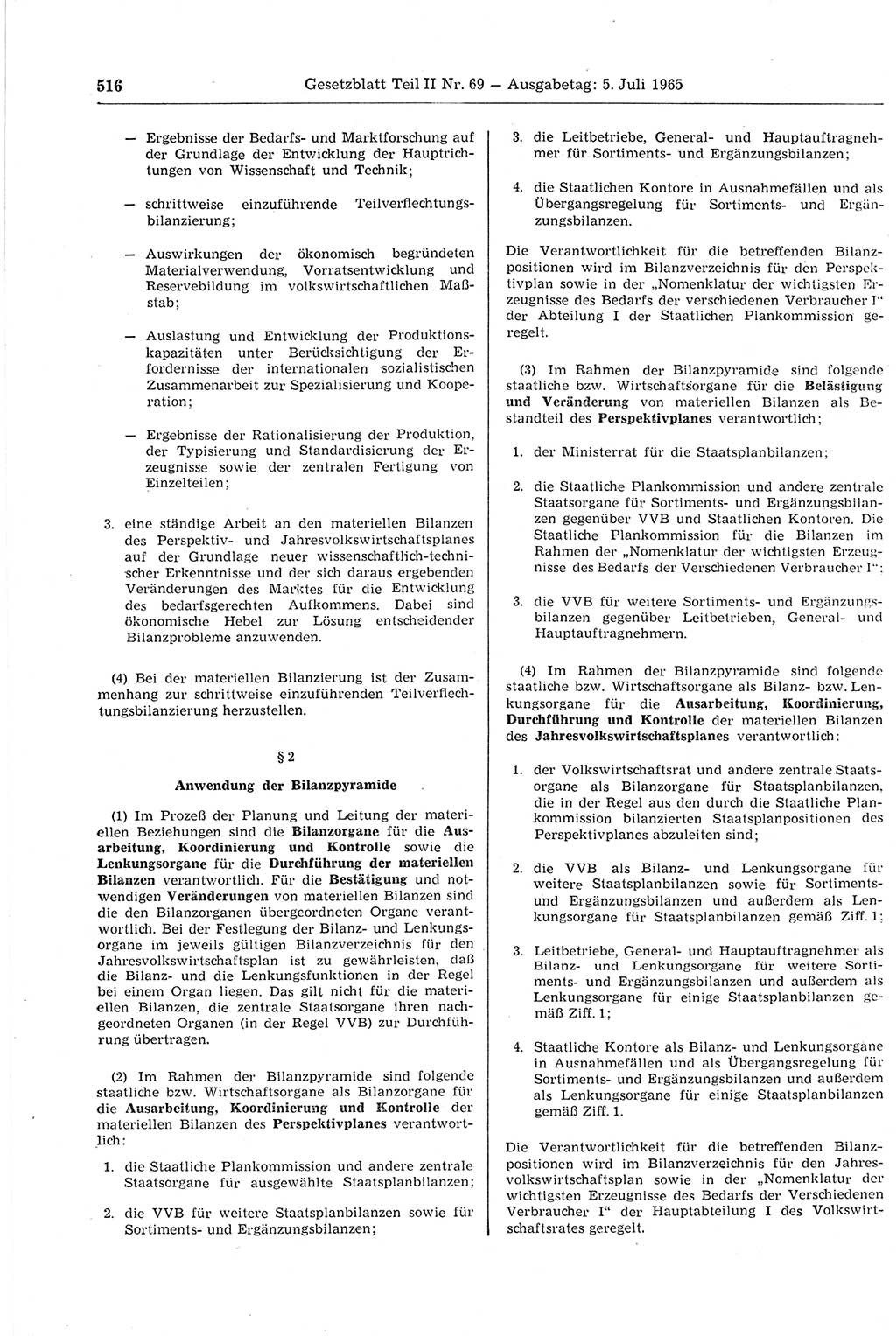 Gesetzblatt (GBl.) der Deutschen Demokratischen Republik (DDR) Teil ⅠⅠ 1965, Seite 516 (GBl. DDR ⅠⅠ 1965, S. 516)